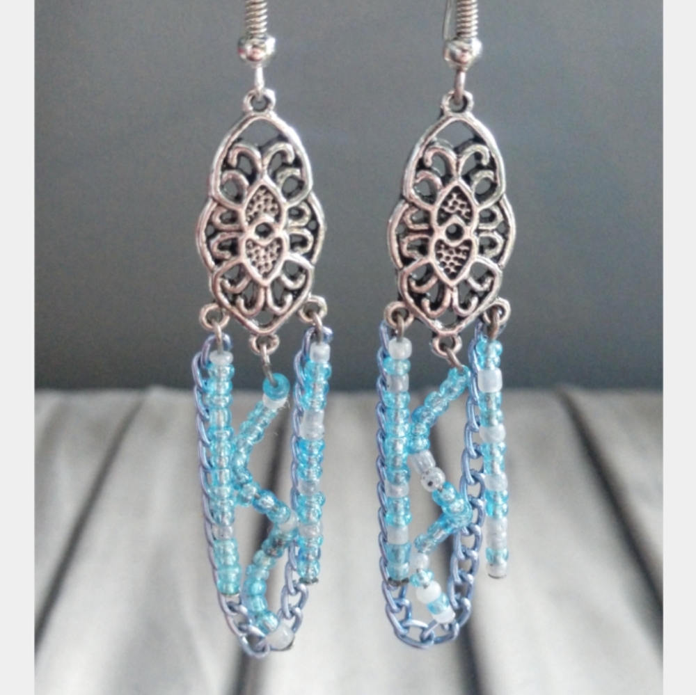 Dangle Beaded Chain Hook Earrings - image 1